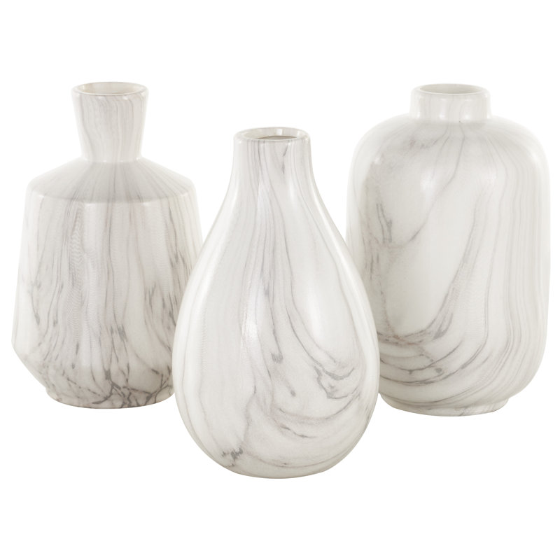 Mable 3 Piece Ceramic Table Vase Set, White/Gray