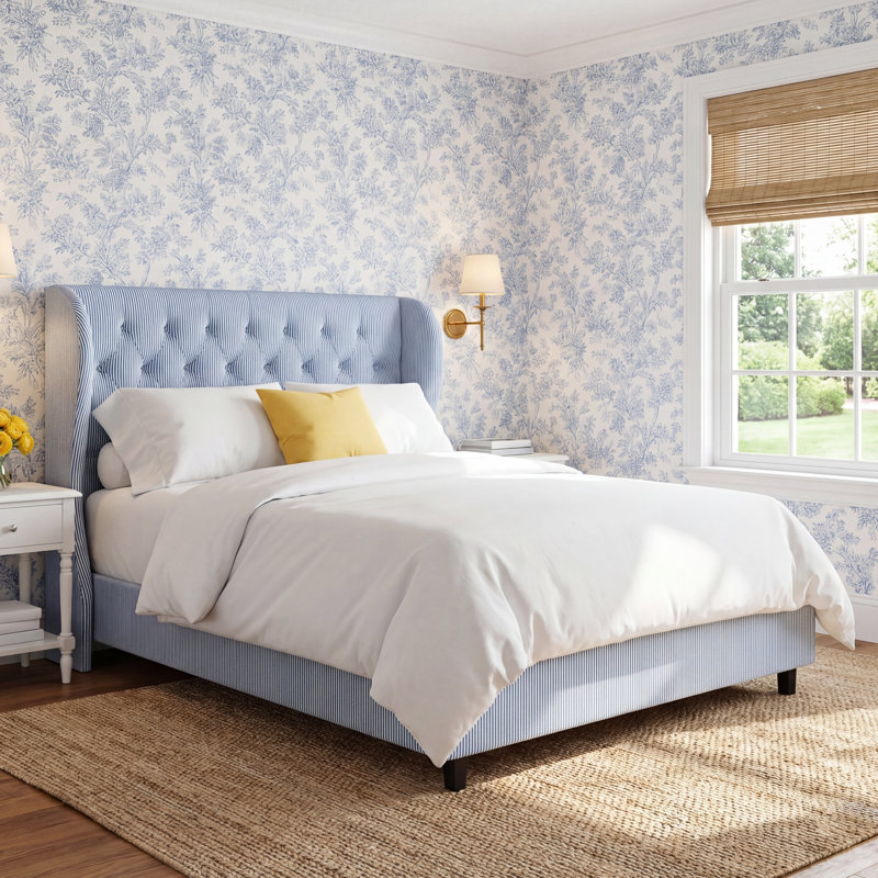 Tomey Upholstered Wingback Bed, Full, Classic Gingham Tan