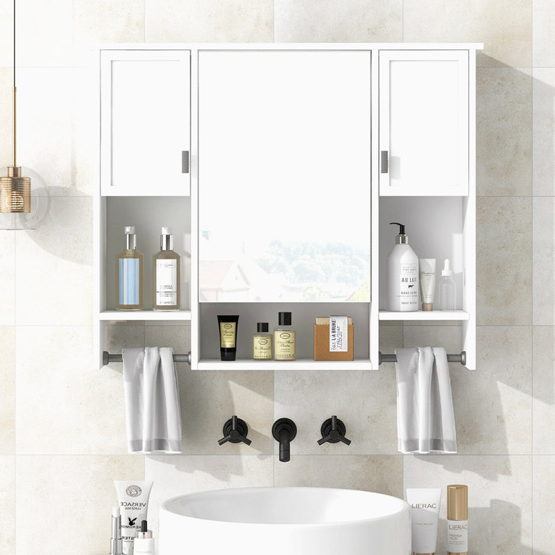 Armoire de rangement murale moderne 35 po x 28 po, armoire de salle de bain murale avec miroir, armoire à pharmacie avec barre à serviettes