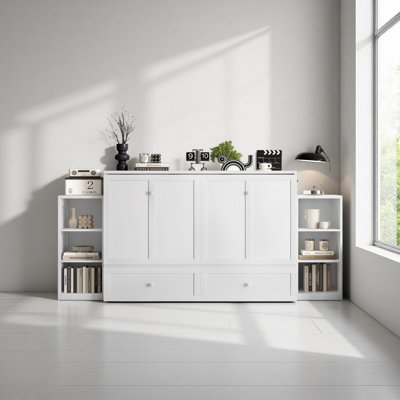 Grand lit escamotable avec tiroirs et tablettes de rangement spacieux, idéal pour les chambres d'amis ou les chambres compactes