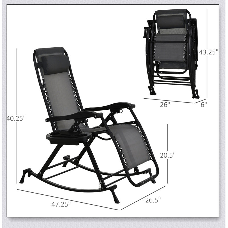 Outdoor Rocking Chairs, Foldable Reclining Anti Gravity Lounge Rocker w/ Pillow, Cup & Phone Holder, Gray