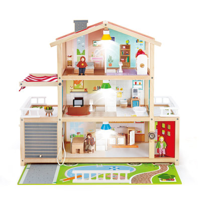 Hape Doll Family Mansion - Maison de poupée en bois pour enfants, primé, lumières DEL, 10 chambres, accessoires, 31,6 x 11,4 x 28,4, jeu de société, enfants de 3 ans et plus
