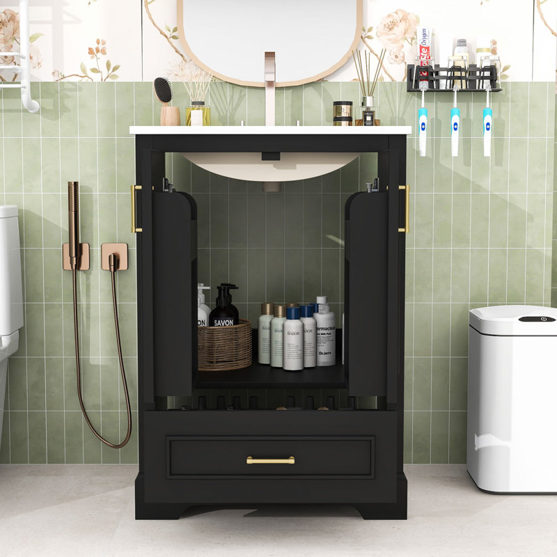 Meuble-lavabo moderne 24 po avec lavabo, portes à fermeture en douceur, Noir