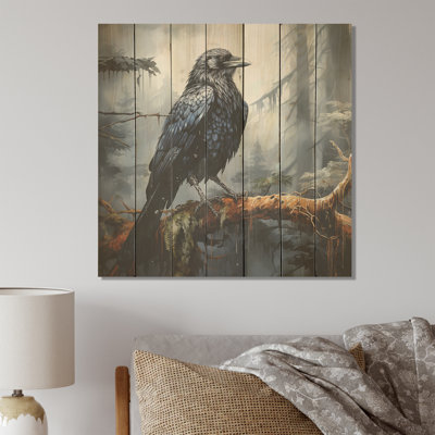 Black Raven Forest Guardian II - Raven Animal On Wood Print