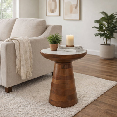 Sculptural Round Wood Accent Side Table with Marble Top for Living Room - Artistic Pedestal Narrow End Table for Chairside Display