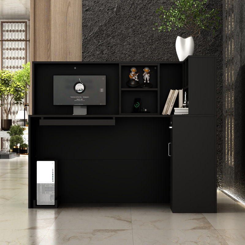 Modern Reception Desk With Storage And Versatile Design, Black