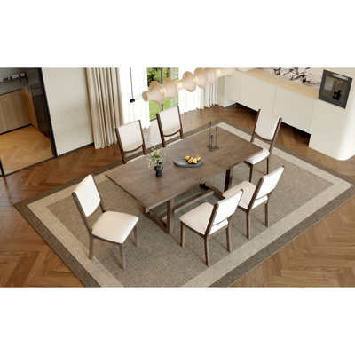 TREXM 7-Piece Extendable Dining Table Set for 6, Rectangular Kitchen Table with 6 Upholstered Chairs, Curved Back Dining Chairs for Dining Room(Espres