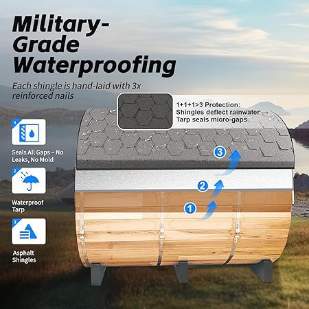 ZONEMEL Indoor and Outdoor Barrel Sauna Room with Asphalt Shingle Roof, Wood Steam Sauna with 6KW Certified TOULE Heater, Tempered Glass, Mostly for 4-6 People Spa