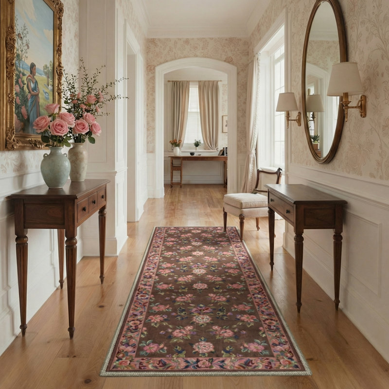 Verdant Vintage Floral Machine Washable Pink / Green / Brown Indoor Area Rug with Non-Slip Backing, Runner 2'3" x 6'