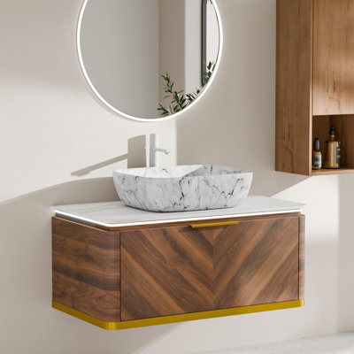 Meuble-lavabo flottant noyer 36 po avec lavabo rectangulaire en marbre, capteur DEL et tiroir Absher