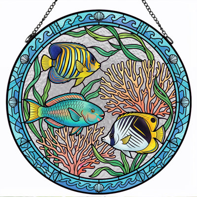 Tropical Fish Stained Glass Window Panel，12"H