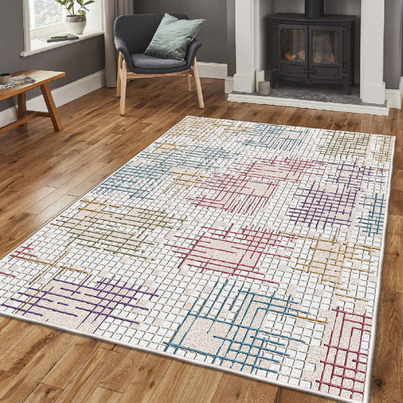 Premium Cotton Area Rug, 32 x 48 Inches | 100% Cotton, 1200 GSM, 0.4 in Pile Height, Antibacterial, Non-Slip PVC Underside | Machine Washable, Elegant Cream, Blue, Red, Purple & Camel Design | Perfect for Living Room & Bedroom