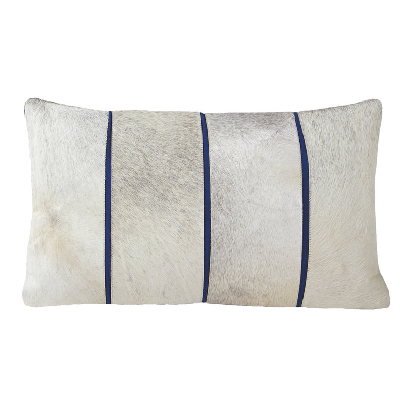  Patchwork Cowhide Oblong Cushion 12"x20" – Blue, Hair-On Leather Rectangle Decorative Pillow for Indoor Use