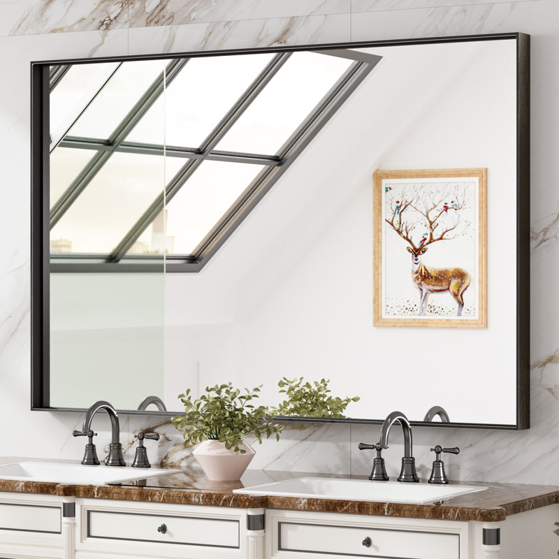 Miroir mural français en verre trempé et en alliage d'aluminium, Noir, 60 po x 40 po