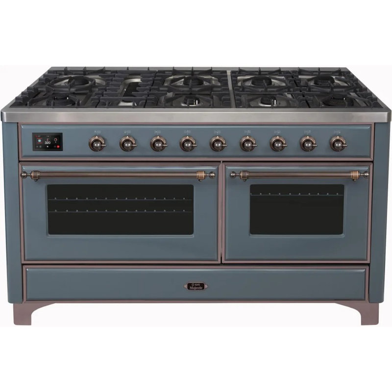 ILVE UM15FDNS3BGG Majestic II 60 inch Dual Fuel Range with 9 Burners, Griddle (Natural Gas, Triple Glass Door, Blue Grey, Brass)