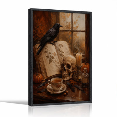 Corbeau noir sur un livre botanique vintage avec crâne, toile murale d'Halloween
