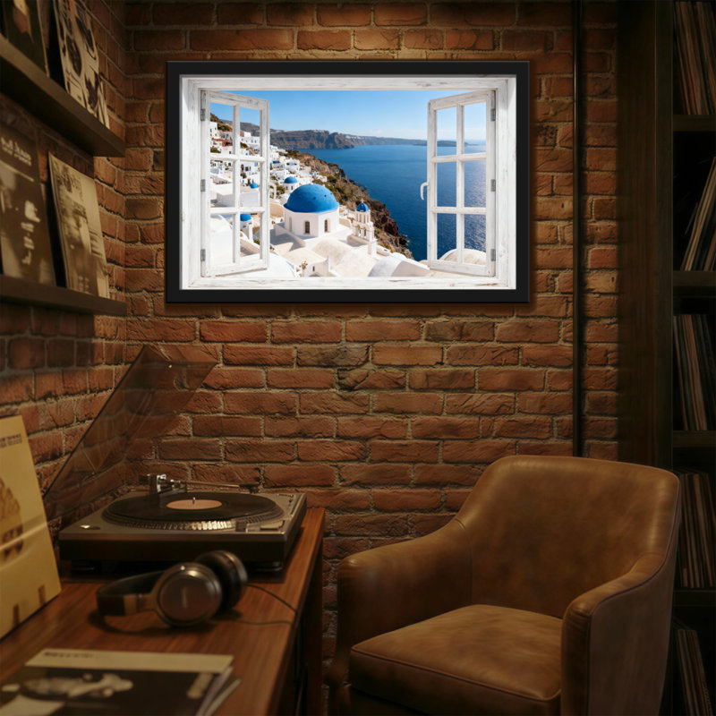 Cadre de fenêtre blanc paysage et nature avec vue de Santorini, H 24 po x l 36 po