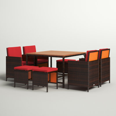 Negril 8 - Person Acacia Solid Wood Patio Dining Set Umbrella Hole Included Square Table with Cushions Included