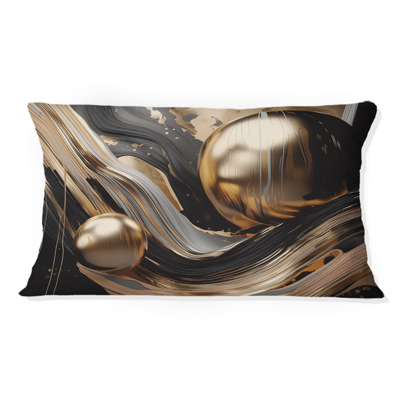 Marbre captivant doré et noir I - Coussin abstrait en marbre, H 12 po x l 20 po, Rectangulaire