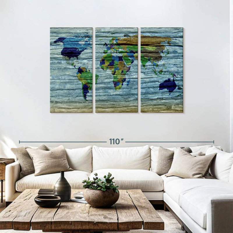 Aliaz Distressed Wood World Map, 48" H x 74" W