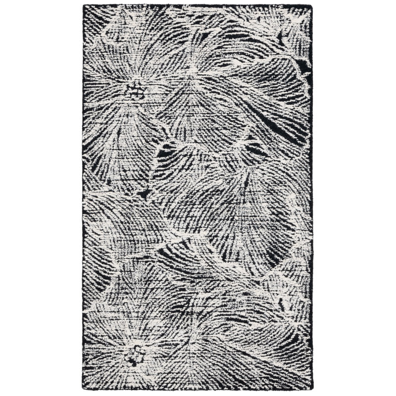 Harisan Hand Tufted Wool Cotton with Latex Floral Rug in Ivory/Black, Rectangle 3' x 5'