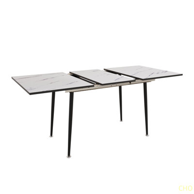 47" Expandable To 63" Inch MDF Square Marble Patterned Dining Table, Modern Industrial Kitchen And Dining Table, Equipped With Tapered Metal Legs