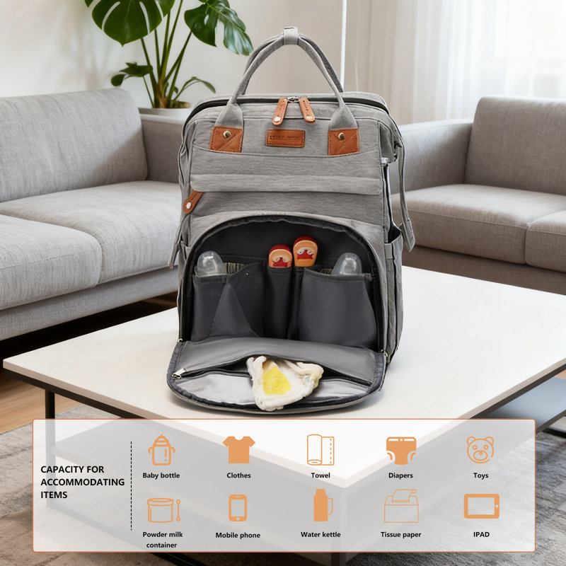 Sac à dos avec sac à langer avec table à langer, grand sac à couches, sac pour bébé, sac à couches multifonctionnel, gris