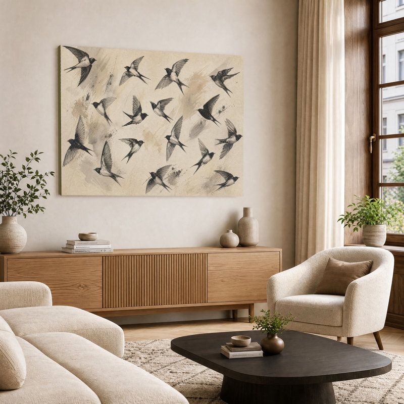 Croquis à l'encre vintage d'hirondelles en vol, tableau sur toile beige avec éclaboussures, décoration murale rustique et neutre représentant des oiseaux