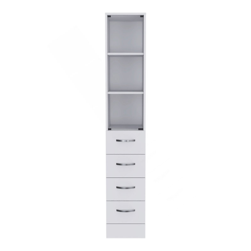 Armoire à linge H 68 po, trois tablettes, quatre tiroirs et poignées en métal, blanc