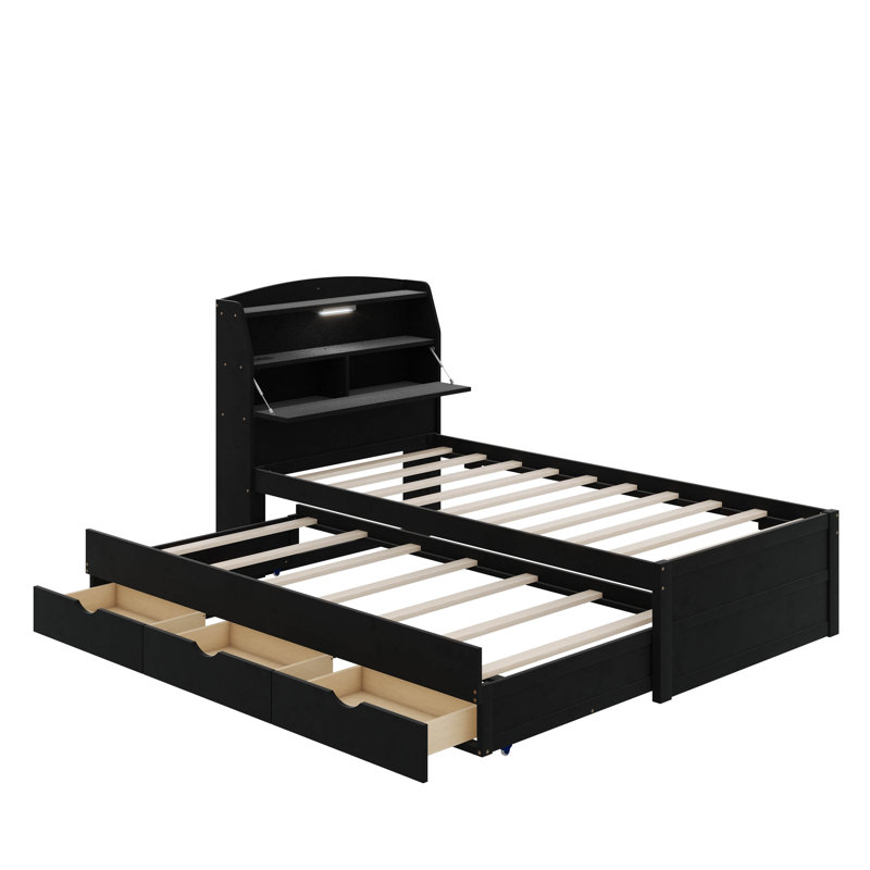 Lit plateforme en bois avec lit gigogne, tête de lit et tiroirs à DEL, Simple, Espresso