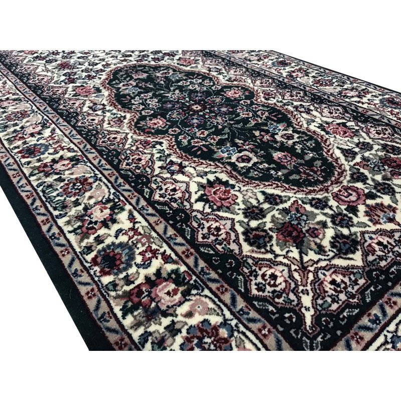 Tapis de couloir vert, ivoire et noir noué à la main de haute qualité