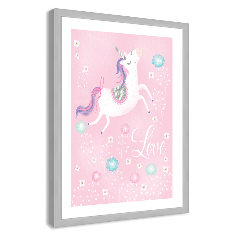 «Love Unicorn», art encadré, H 34,5 po x l 24,5 po x P 0,63 po, Cadre argenté
