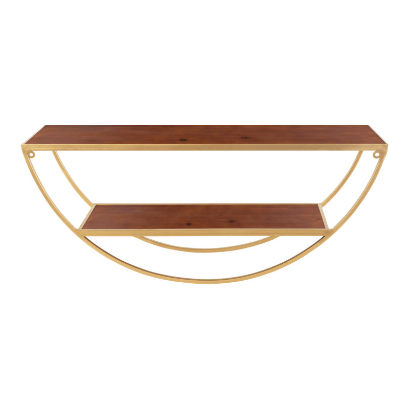Walnut Brown and Gold Half-Moon Floating Wall Shelf