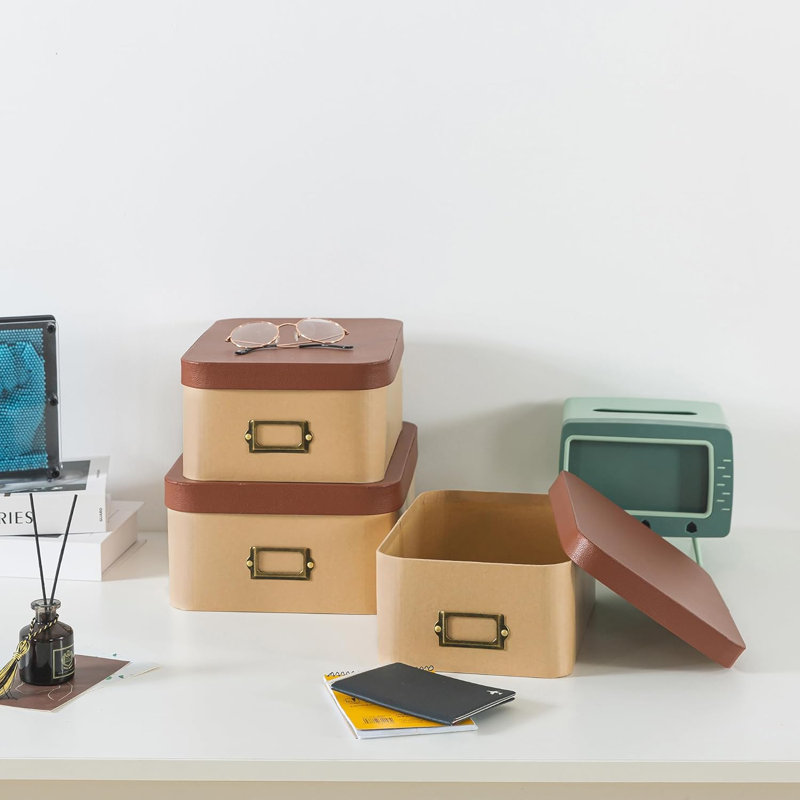 Kraft Decorative Boxes With Light Leather Lids, Set Of 3 Cardboard Memory Boxes For Keepsakes With Bronze Label Holders, Perfect For Home And Office Decor And Organizing