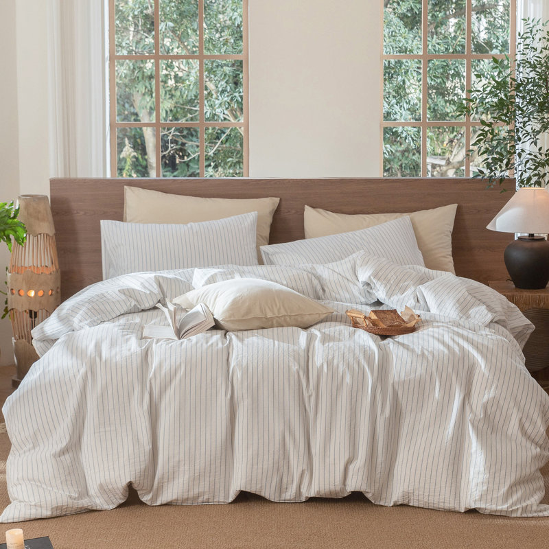 MooMee Striped Duvet Cover Set 100% Washed Cotton Linen Like Textured, Wide Stripes - White/Cornflower Blue
