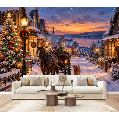 Papier peint mural autocollant « Village d'hiver chaleureux », rues enneigées, lumières de Noël et chevaux. Décoration murale moderne pour chambre et salon (175 cm x 244 cm).