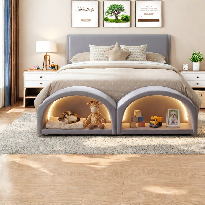 Lit gigogne double pour chat, plateforme en bois tapissier grand, maison pour animaux moderne