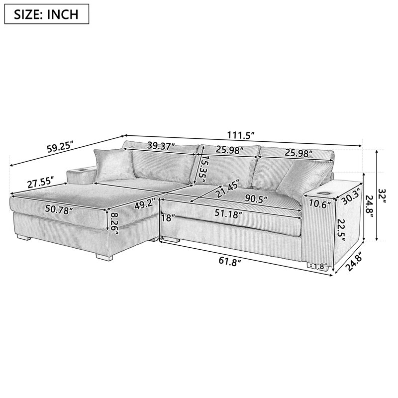  Grand canapé modulaire avec coussins épais, porte-gobelets intégrés et ports de recharge pour le salon, gris, Gris