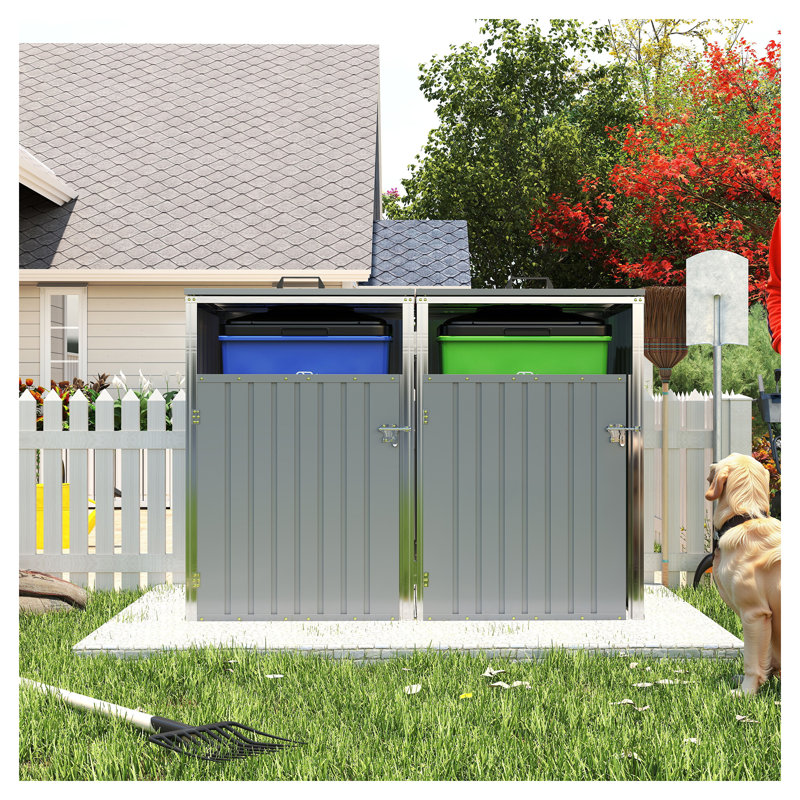 Outdoor Metal Garbage Bin Shed - Stores 2 Trash Cans with 54 Cu Ft Storage, Stainless Galvanized Steel Trash Storage Shed for Garden, Yard, Lawn - Light Grey