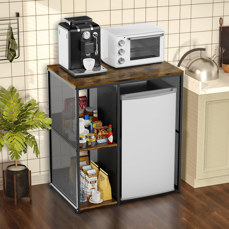 Industrial Style 3-Tier Mini Fridge Cabinet With Adjustable Shelves, Utility Storage Shelf For Kitchen, Dorm, Vintage Wood And Metal Design