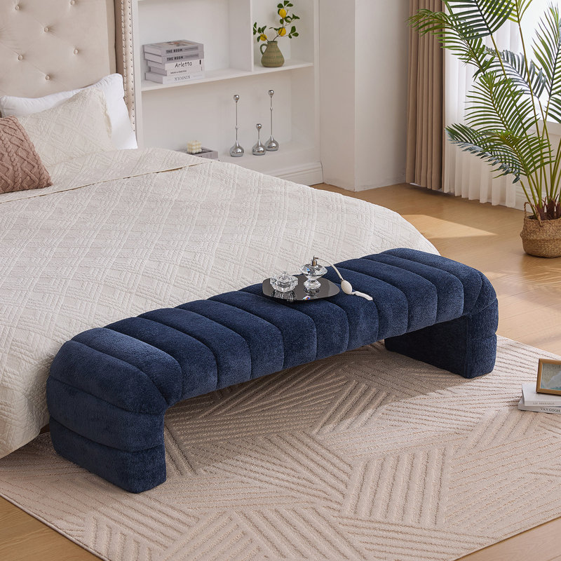 69.7"Wide Modern Upholstered Armless Bed Bench, Channel Tufted Couch Daybed Chaise, Chenille Ottoman Foot Stool For Living Room And Bedroom, Entryway, Navy
