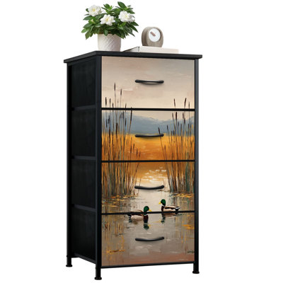 Dresser for Bedroom with 4 Storage Drawers Mallard Duck Pond Animal Farmhouse Vintage Hunting Dressers Chest of Drawers Steel Framed Fabric Closet Organizers for Dorm Entryway