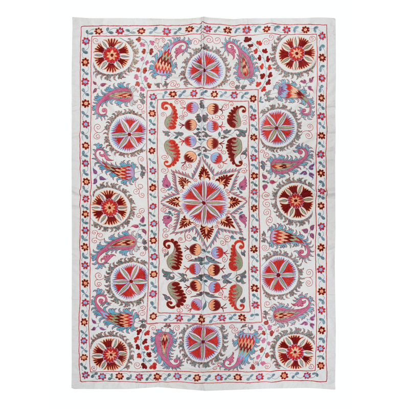Couvre-lit de 59 po x 83 po Suzani Suspension murale en soie et coton brodée. Décoration murale Boho. Couleurs éclatantes