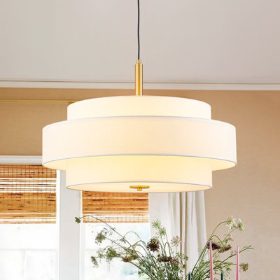 3-Light Dimmable White Linen Fabric Drum Tiered Pendant