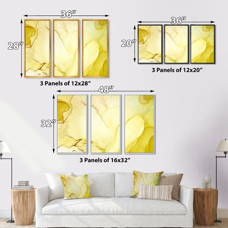 «Yellow Ink Art Fluid Landscape», reproduction de cadre flottant sur toile 3 pièces, Cadre doré, H 20 po x l 36 po x P 1 po