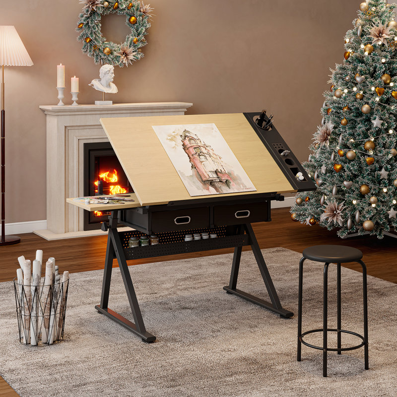 Bureau de dessin réglable avec tabouret et 2 tiroirs pour le bureau personnel, Érable