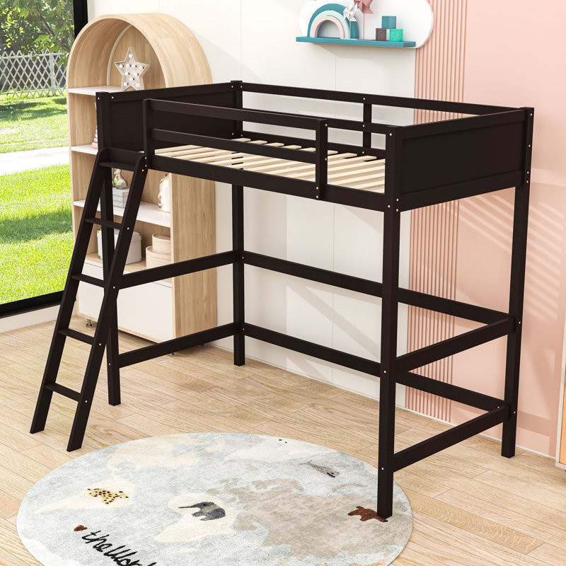 Twin Size Loft Bed with Ladder and Guardrails, Espresso