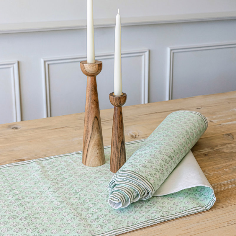 over&back Hand-Blocked Printed Cotton Table Runner, 18" W x 108" L, Green Leaf