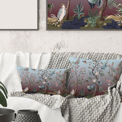 Coussin Rectangle, chinoiserie avec oiseaux et pivoines - imprimé traditionnel