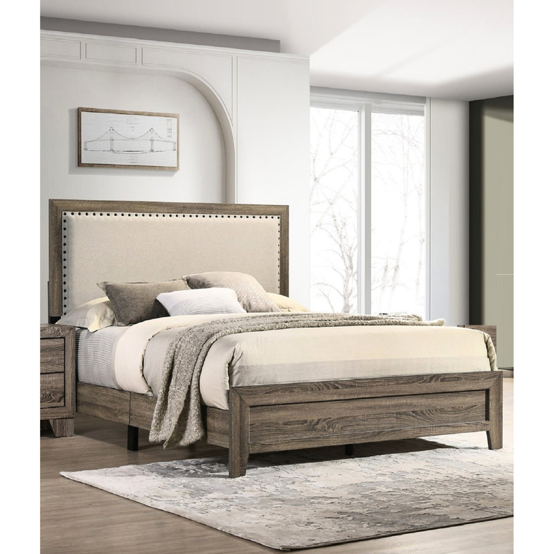 Lit double moderne avec tête de lit tapissier grise et structure en tissu robuste, Lit double, Gris